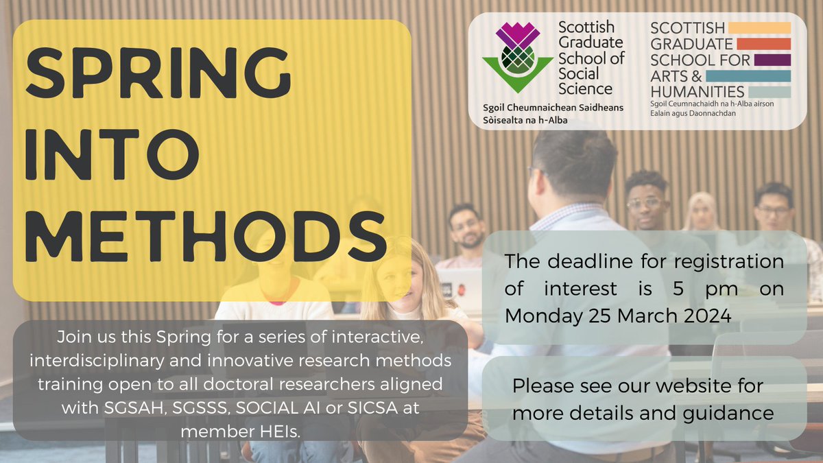 🌷Attention researchers! Together with @sgsah
we are delighted to announce that #SpringintoMethods interdisciplinary training is now open for registrations of interest!   

⏰Registration of interest deadline 25 March.

👉Workshop & registration details: social.sgsss.ac.uk/spring-into-me…