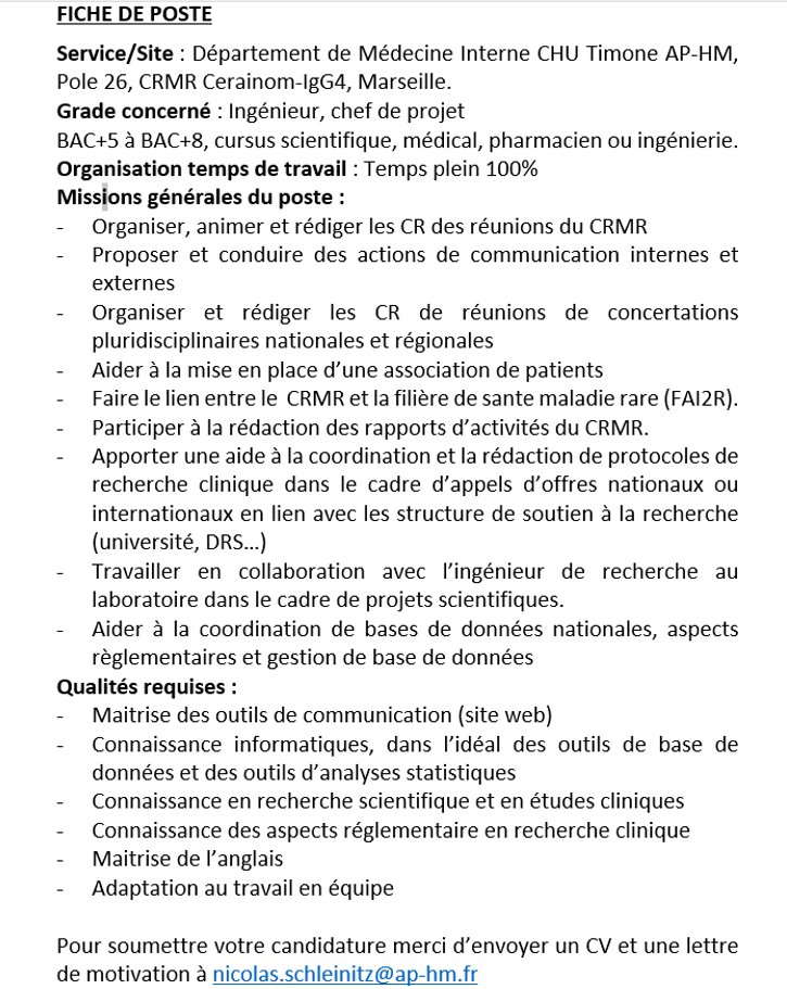 Centre de Référence des Pathologies Plaquettaires (@crpp12) on Twitter photo Une opportunité de carrière vient de s'ouvrir au sein du Centre de Référence des Maladies Rares (CRMR) - CHU Timone.
Si vous pensez avoir le profil idéal pour ce poste, n'hésitez pas à envoyer votre candidature!
Consultez la fiche de poste ci-dessous⬇️ Une opportunité de carrière vient de s'ouvrir au sein du Centre de Référence des Maladies Rares (CRMR) - CHU Timone.
Si vous pensez avoir le profil idéal pour ce poste, n'hésitez pas à envoyer votre candidature!
Consultez la fiche de poste ci-dessous⬇️