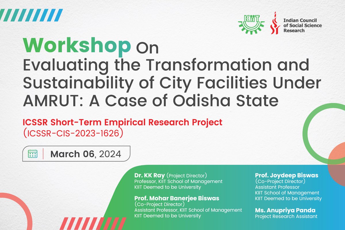 The ICSSR-Sponsored Workshop under Short-Term Empirical Research Projects 2023-24 is scheduled on March 6, 2024 at School of Mgmt, KIIT University. @dhananjayajnu @icssr @ksombbsr @KIITUniversity