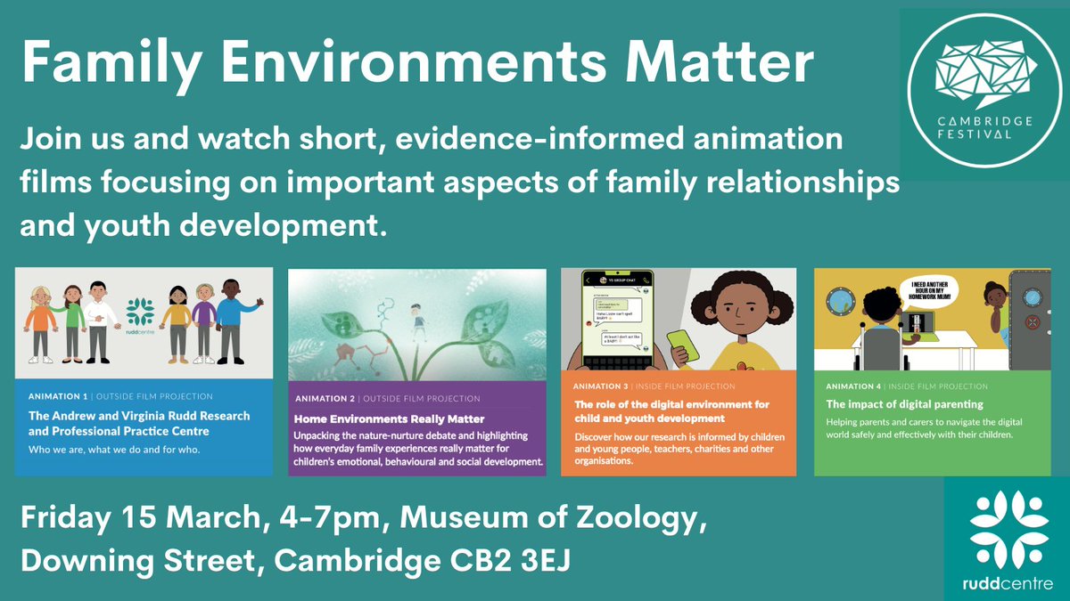 Join us @Cambridge_Fest 🤗 Chat with our friendly team & watch evidence-informed animations on important aspects of #family relationships & youth development. 🎬 Fri 15 Mar, 4-7pm @ZoologyMuseum Cambridge. Free drop-in event - No ticket required! 📣 👉 ruddcentre.com/rudd-events/