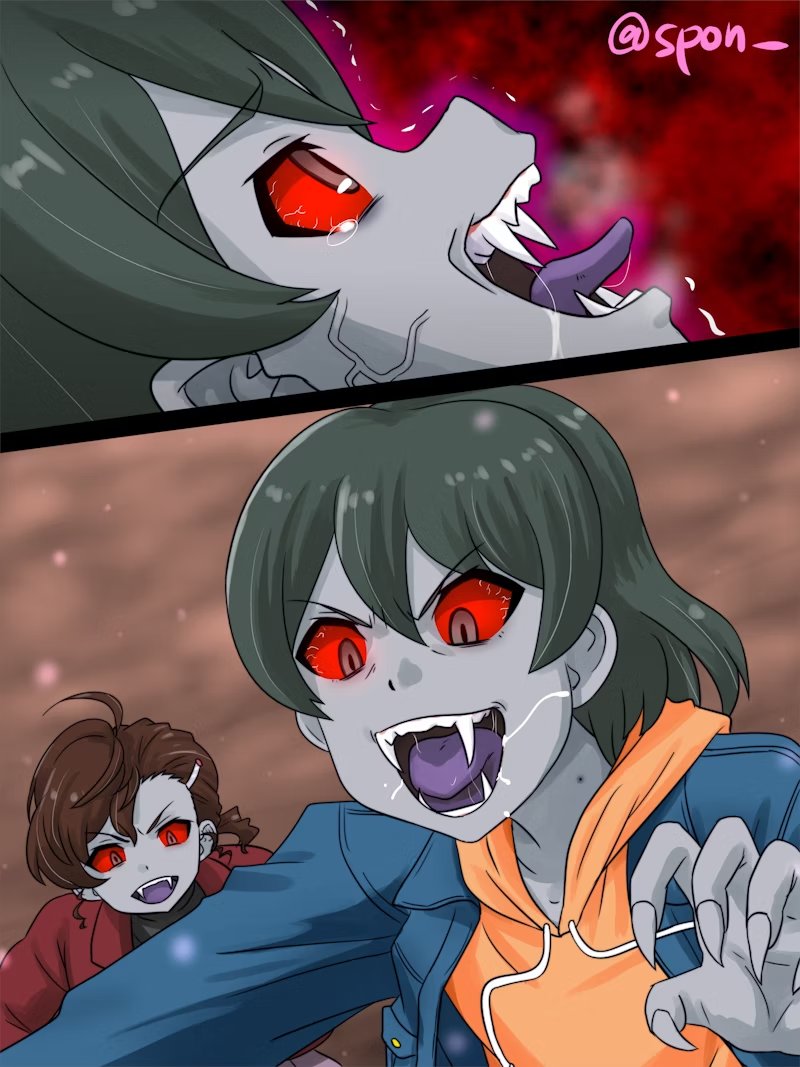 Skebで描かせていただきました、
吸血鬼化した犬山まなちゃんによる桃山雅ちゃん連鎖堕ちシチュ、です!
リクエストありがとうございました! 