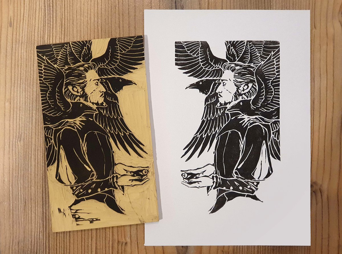Back to linocut with some raven themed divination magic.