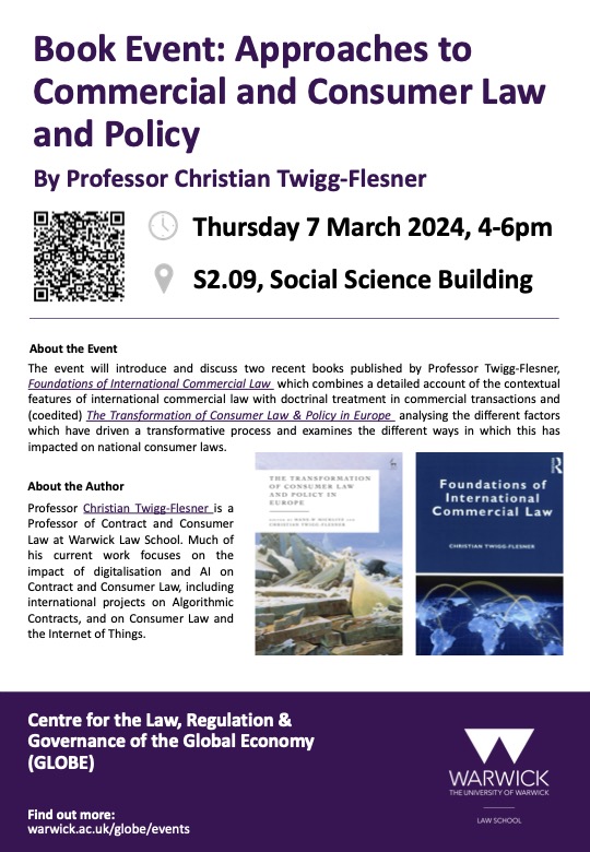 This week we are also looking forward to the GLOBE Book Event on the Approaches to Commercial and Consumer Law and Policy by Professor Christian Twigg-Flesner, on Thursday March 7, 2024, from 4-6pm.

Find out more on the GLOBE page here: rb.gy/4j5gb4