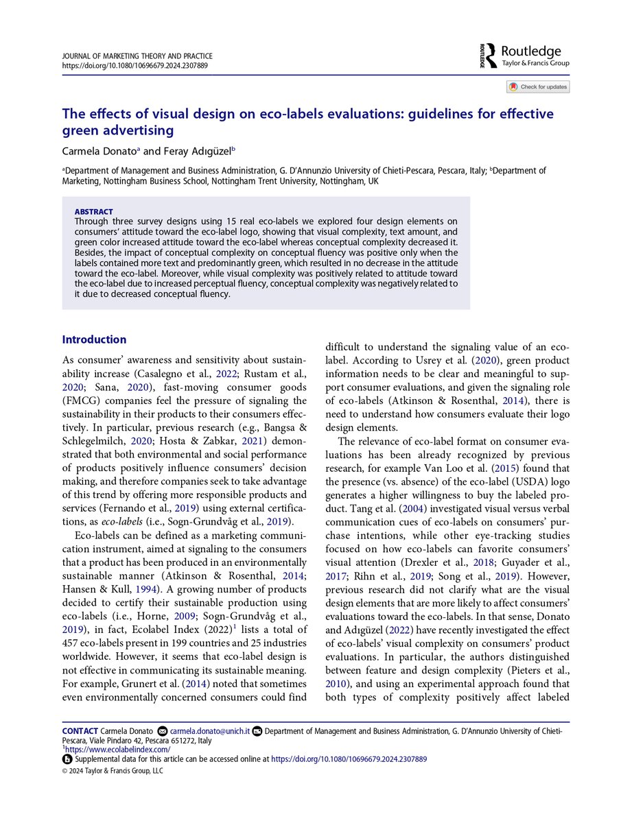 #Publicationalert! In a newly published article in the Journal of Marketing Theory &amp; Practice, our colleague Dr. Feray Adıgüzel and her co-author examine how #consumers evaluate #ecolabel #logo #design elements. Article here👉

doi.org/10.1080/106966…