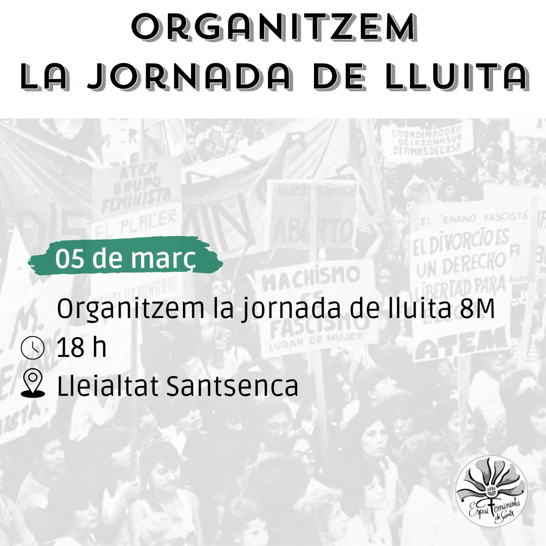 📣📣 Últim comitè abans del 8M  📣📣

Avui dimarts farem l’últim comitè abans de la jornada de lluita que realitzarem el 8M 💪🏽💜

📍Lleialtat Santsenca
⏰ 18 h

Juntis organitzem la jornada de lluita✊🏽🔥