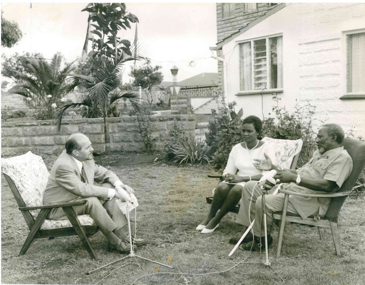 In the image, October 1966, Mzee Jomo Kenyatta and Mama Ngina in a rare interview at their Gatundu home. #JomoKenyatta