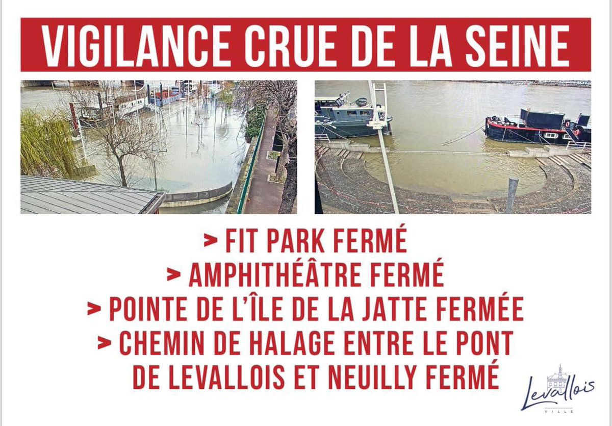 🚨VIGILANCE CRUE Les sites en bord de Seine suivants sont fermés : - fit park - ⁠amphithéâtre - ⁠pointe de l’île de la Jatte - ⁠chemin de halage entre le Pont de Levallois et Neuilly ‼️Soyez prudents !