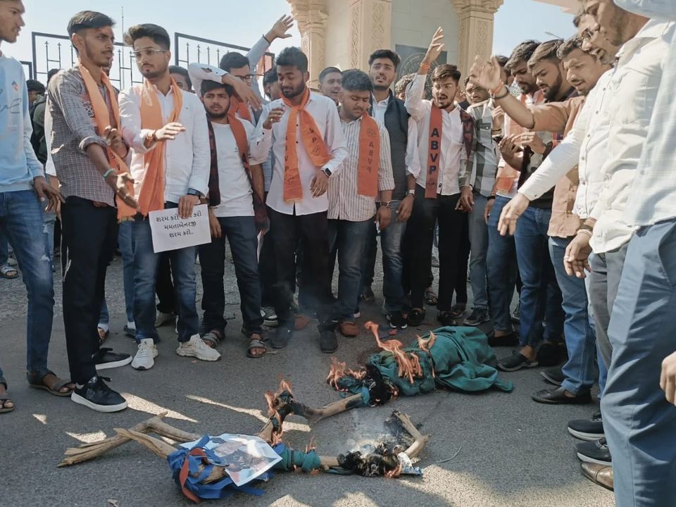 ABVP in Gujarat protests Sandeshkhali atrocities in Bengal; Mamata’s effigy burnt