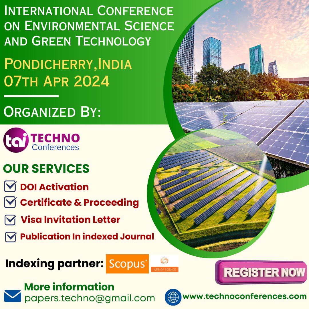 techno_conf's tweet image. Join us for our upcoming International Conference on Environmental Science and Green Technology(ICESGT)
Date: 07th Apr 2024
Place: Pondicherry, India

Learn more: technoconferences.com/Conference/128…

#technoconference #allconferencealert #conference2024 #pondicherry #environment #science