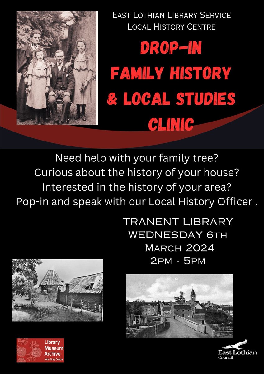 📢Our #LocalHistory Officer will be available for #FamilyHistory & local studies consultation or even for just a chat at #Tranent Library tomorrow, 6th MARCH 2024. Do pop-in with your questions or your memories.😊 #CommunityEngagement #LibrariesLoveHistory