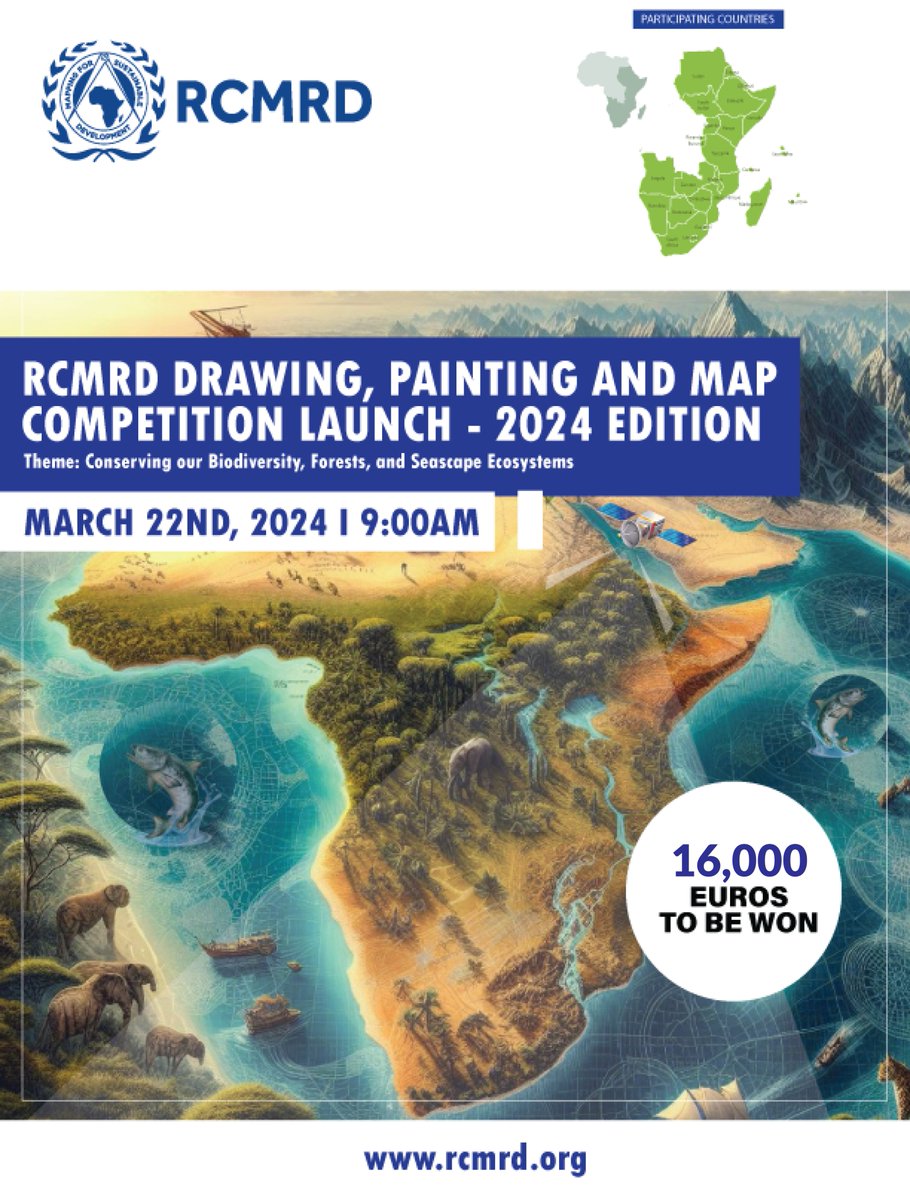 RCMRD_'s tweet photo. 🖼️Good news! We are glad to announce the commencement of the 2024 edition of the RCMRD Drawing, Painting and Map Competition. The launch will be happening on March 22nd, 2024. 16,000 Euros to be won. Use this link to register and participate. ➡️https://t.co/JS7AY9LBb9
#TeamRCMRD https://t.co/RtNFDWtg42