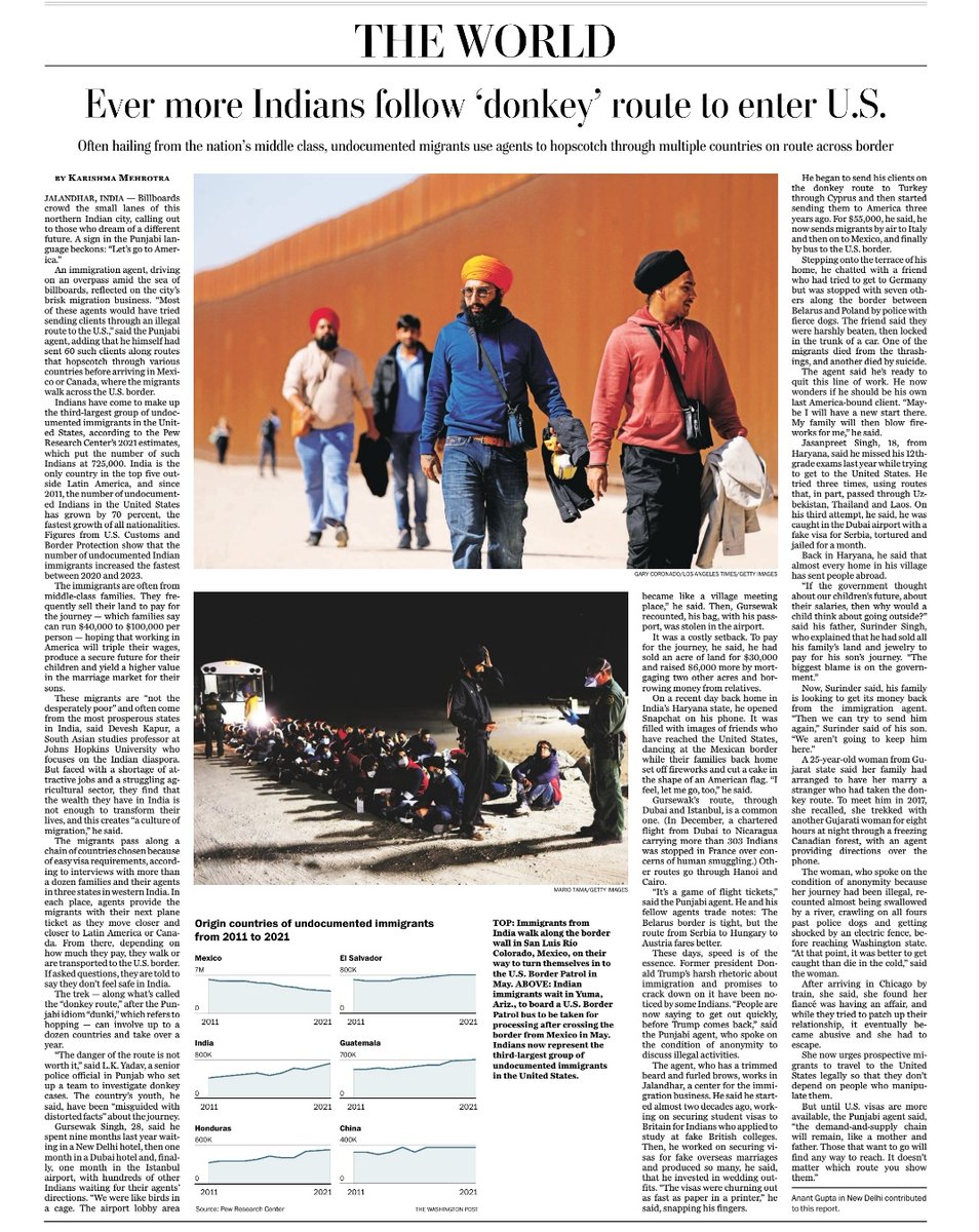 Indians are now the third largest group of undocumented immigrants in the US. Read to learn about the world-hopping journeys they take. wapo.st/49TdqVW @washingtonpost