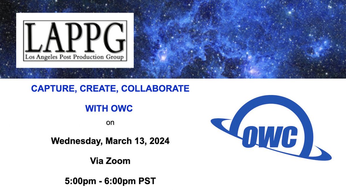 Join <a href="/LosAngelesPost/">LAPPG</a> on March 13th at 5PM PT for a discussion with Loren Mally, Director of Sales <a href="/PoweredbyOWC/">Other World Computing</a>  to explore their range of storage solutions tailored for filmmakers! 

Sign up for free for this online event  bit.ly/3V3ikLW