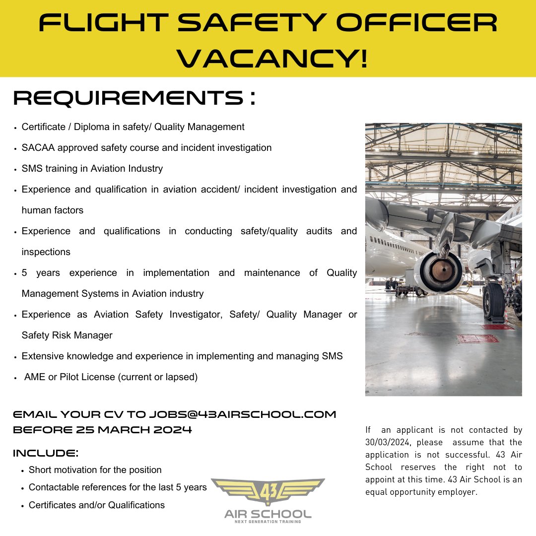 We are hiring a Safety Officer! Send your CV and motivational cover letter to jobs@43airschool.com. See the image above for more information.

-
#43airschool #safetyofficer #jobs #jobvacancy #pilotlife #aviationlovers #aircraft #airplane #boeing #flying #aviationdaily