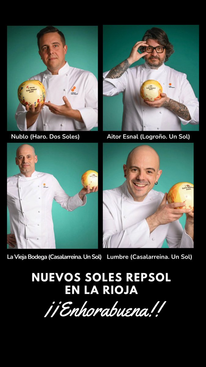 El restaurante Nublo (Haro) logra su segundo Sol Repsol; y las cocinas de Aitor Esnal (Logroño), La Vieja Bodega y Lumbre (ambos de Casalarreina) se incorporan a la lista de Soles de esta Guía. ¡¡Enhorabuena!!