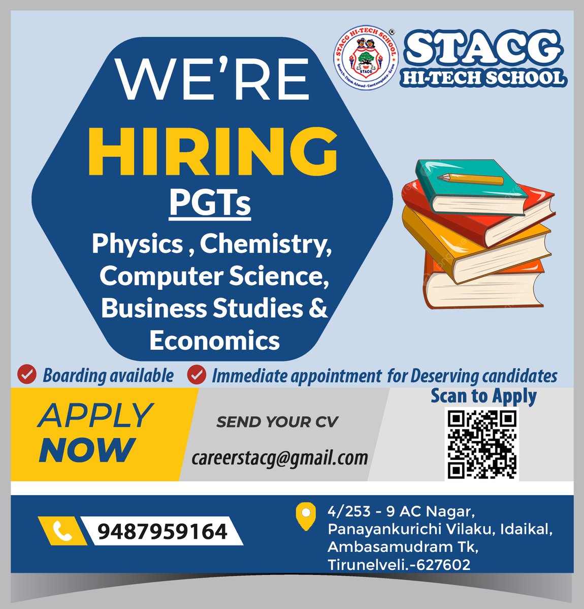 Teachers Wanted - PGTs - Physics, Chemistry, Computer Science, Business Studies & Economics
Boarding available &  Immediate appointment for Deserving candidates
#teacherswanted #wearehiring