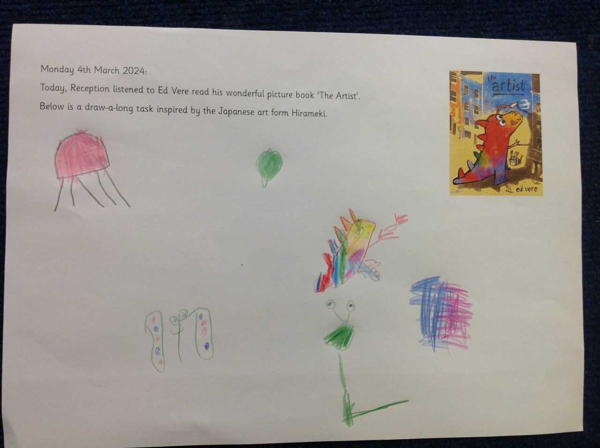Yesterday, our Reception children took part in an exciting online workshop with <a href="/PuffinBooks/">PuffinBooks</a> for World Book Day. The children listened to a story read by <a href="/ed_vere/">Ed Vere</a> and took part in a draw-along task inspired by the Japanese art form Hirameki.
