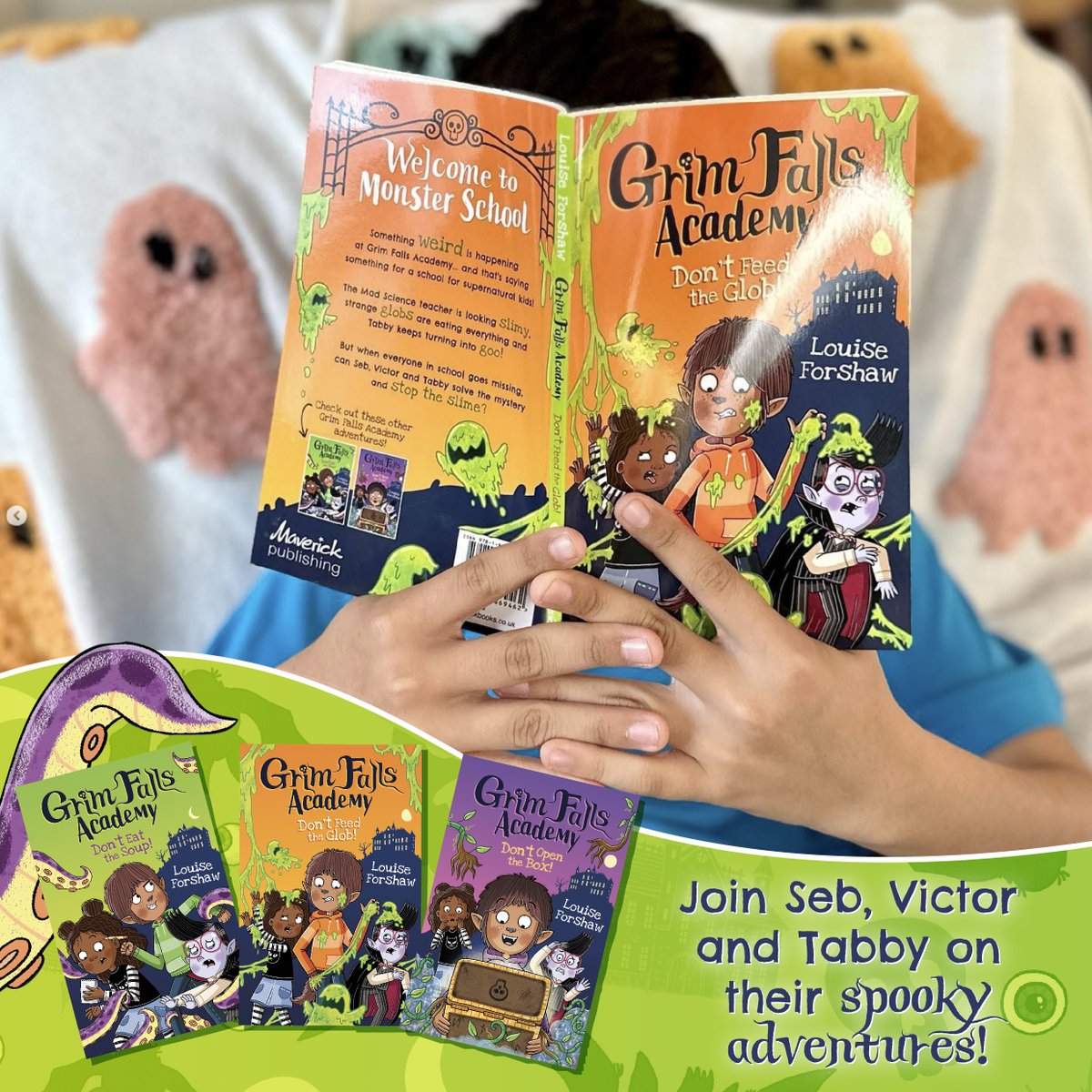 Join the Grim Falls gang on their spooky adventures! 👻 Tag us in any shots of your little ones reading our books, we love to see it! This fab photo was by @OctoberJonesCo #BooksWorthReading #BookTwitter #GrimFallsAcademy