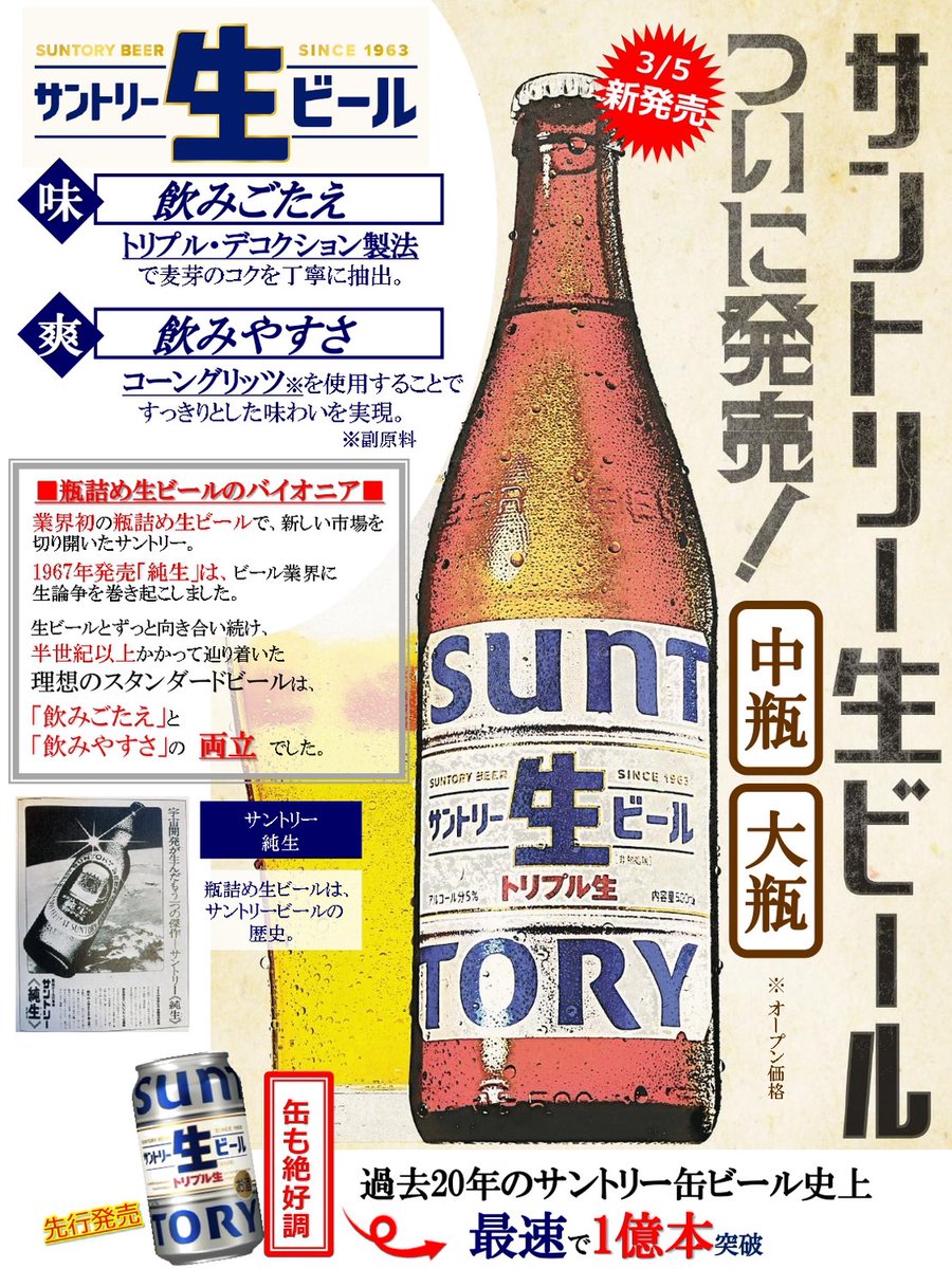 サントリー缶ビール史上最速1億本突破したトリプル生より瓶ビールが新