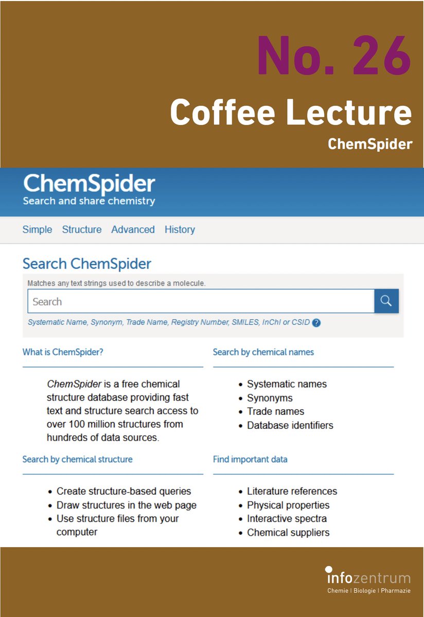 There is more than Reaxys and SciFinder: #ChemSpider is a  freely available database with over 129 million structures, provided by the British Royal Society of Chemistry. Learn more in our #coffeelecture today at 1:00 pm in HCI G2 or Zoom via ethz.zoom.us/j/63020946312 (open to all)
