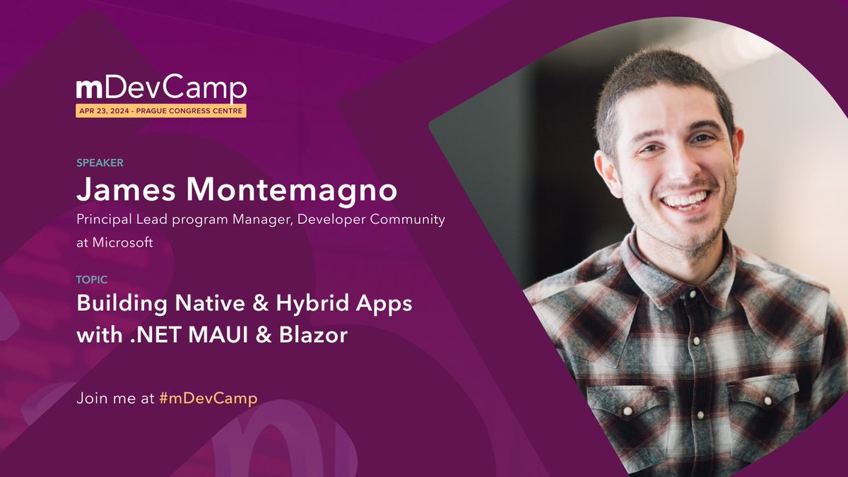 🎤 Our next 2024 speaker is <a href="/JamesMontemagno/">James Montemagno</a>  from <a href="/Microsoft/">Microsoft</a> !  Come learn how to build cross-platform apps with .NET &amp; Blazor. ⚙  

This talk alone is worth the cost of a ticket! 
𝗘𝗮𝗿𝗹𝘆 𝗯𝗶𝗿𝗱 𝘁𝗶𝗰𝗸𝗲𝘁𝘀 𝗮𝗿𝗲 𝗮𝘃𝗮𝗶𝗹𝗮𝗯𝗹𝗲 until March 10th!   

 #mDevCamp