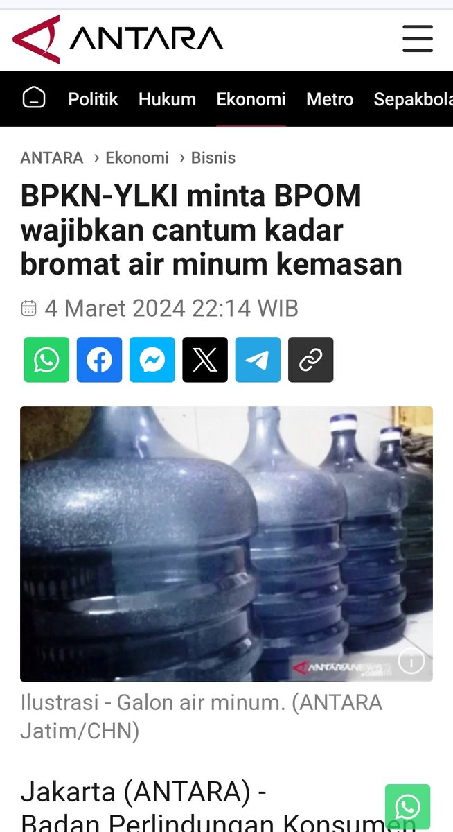 BPKN-YLKI minta BPOM wajibkan cantum kadar bromat air minum kemasan Menurutnya, hal tersebut perlu dilakukan agar masyarakat tidak ragu mengonsumsi air minum dalam kemasan m.antaranews.com/berita/3995085…