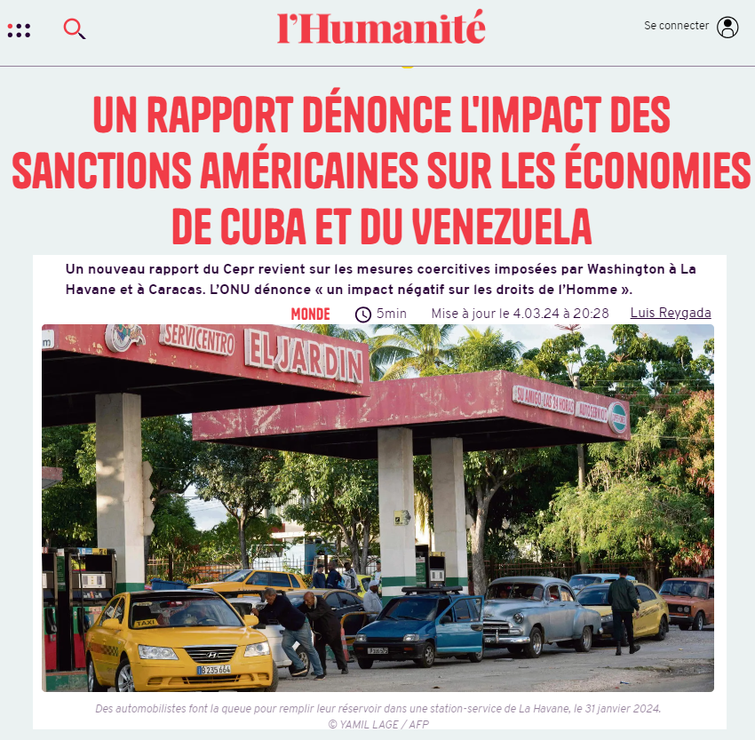 🚨#SanctionsWatch: Rapport récent du @ceprdc dénonce l'impact des sanctions économiques imposées par USA à Cuba🇨🇺 et au Venezuela

L’ONU dénonce «un impact négatif sur les droits de l’Homme»

R-spécial l'ONU décrit des mesures 'cruelles et vicieuses'

Vía @humanite_fr/@la_reygada