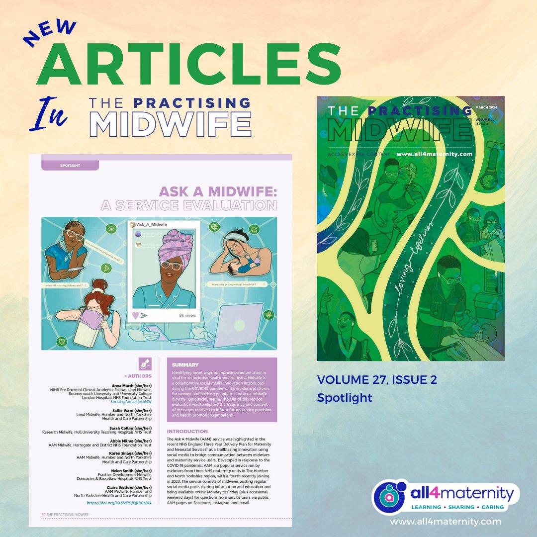 ThePractisingMidwife (@tpm_journal) on Twitter photo <a href="/HelenMainwaring/">Dr Helen Elliott-Mainwaring💙🦋🪴🧘♀️</a> <a href="/CPhillipsRM/">Charlotte Phillips</a> @pbnes <a href="/shaunaac_shauna/">Shauna G</a> Finally, <a href="/AnnaMarshMW/">Anna Marsh</a> & colleagues report on a service evaluation of an online social media platform. The aim was to explore the frequency and content of messages received to inform future service provision and health promotion campaigns. /9
👉 all4maternity.com/ask-a-midwife-… <a href="/HelenMainwaring/">Dr Helen Elliott-Mainwaring💙🦋🪴🧘♀️</a> <a href="/CPhillipsRM/">Charlotte Phillips</a> @pbnes <a href="/shaunaac_shauna/">Shauna G</a> Finally, <a href="/AnnaMarshMW/">Anna Marsh</a> & colleagues report on a service evaluation of an online social media platform. The aim was to explore the frequency and content of messages received to inform future service provision and health promotion campaigns. /9
👉 all4maternity.com/ask-a-midwife-…