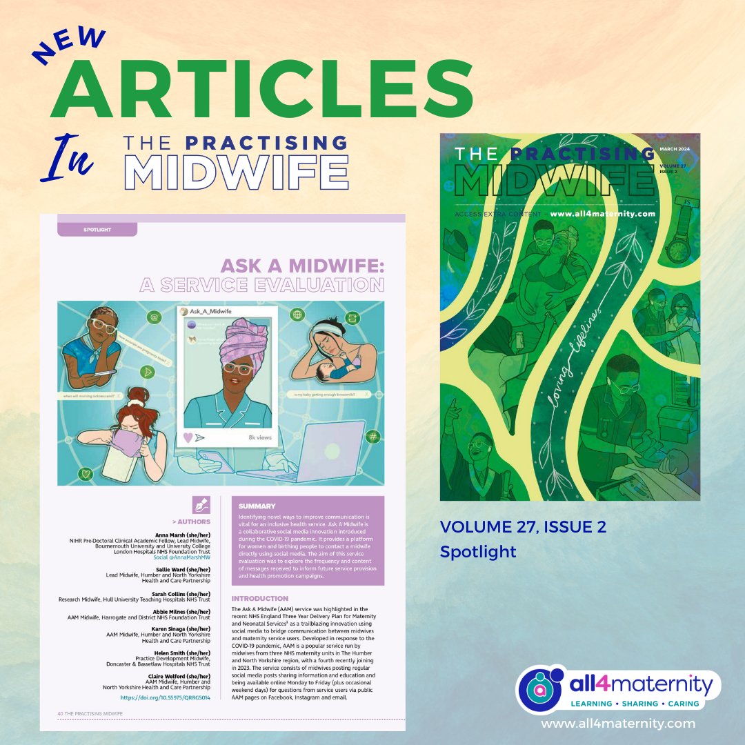 @HelenMainwaring @CPhillipsRM @pbnes @shaunaac_shauna Finally, @AnnaMarshMW & colleagues report on a service evaluation of an online social media platform. The aim was to explore the frequency and content of messages received to inform future service provision and health promotion campaigns. /9 👉 all4maternity.com/ask-a-midwife-…