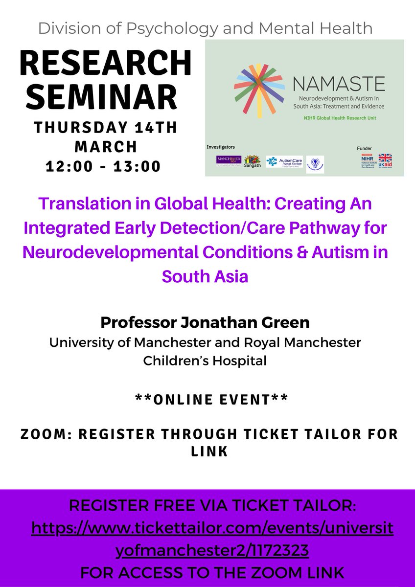 Next week we are pleased to welcome Prof Jonathan Green who will be presenting on “Translation in Global Health: Creating An Integrated Early Detection/Care Pathway for Neurodevelopmental Conditions & Autism in South Asia”. Register via: buytickets.at/universityofma…