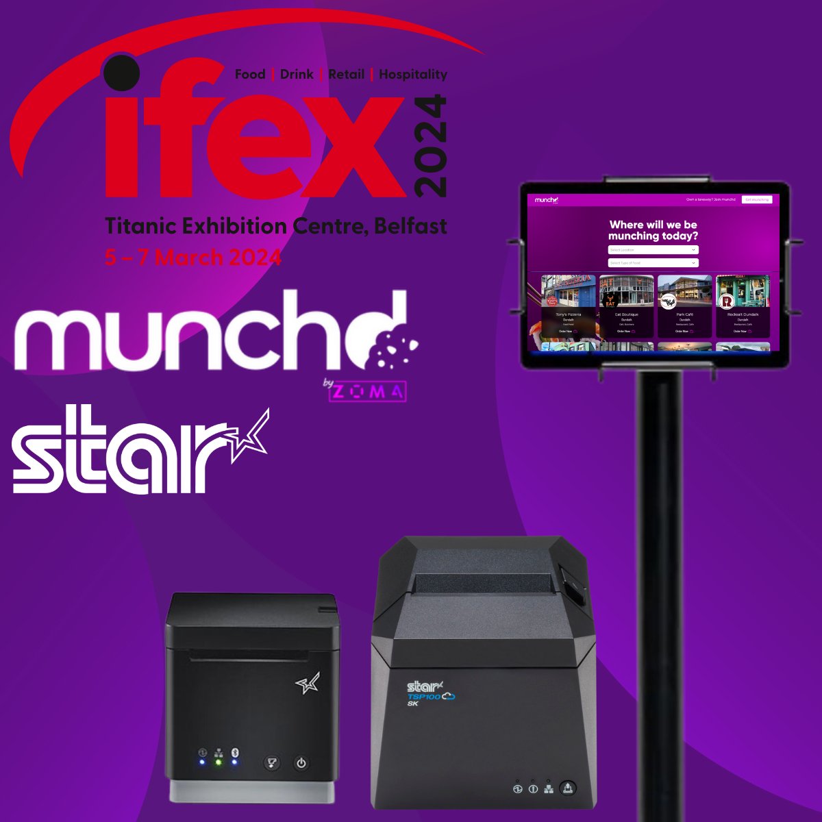 Exciting News! Munch'd by Zoma is showcasing at IFEX in Northern Ireland! Join us for a taste of innovation, featuring Star products like mUnite, mC-Print2, and TSP100IVSK. See you there! #IFEX2024 #MunchdByZoma