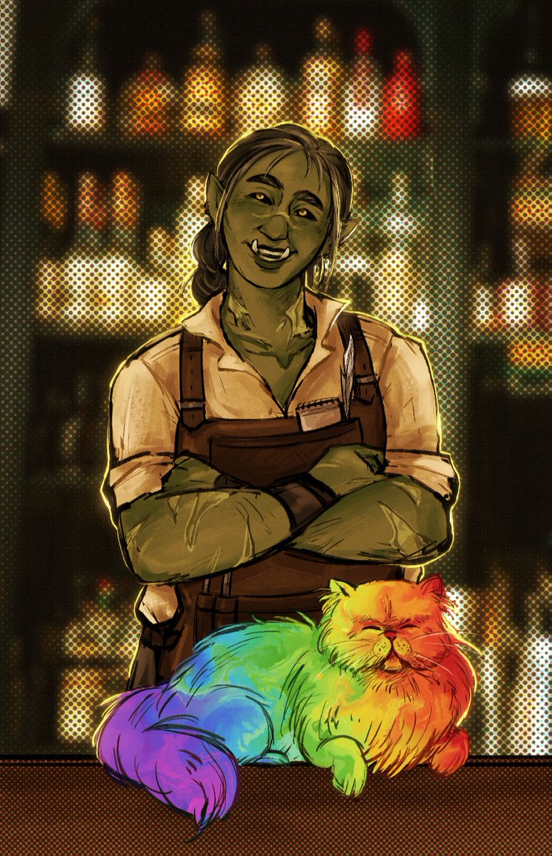 for National GM Day I indulged myself in finishing my teen campaign's favourite PC, Dusty (and Roy the cat)! she's a retired adventurer running the local inn and will help the party out in exchange for a good story❤️ #dnd5e #DnDcharacter
