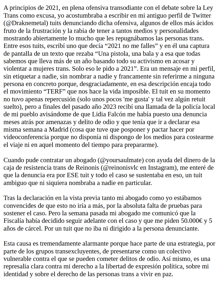 Lidia Falcón me pide 50.000€ y 5 años de cárcel por "amenazas y delito de odio" en un tuit que no iba ni dirigido a ella.

En la imagen tenéis un resumen del caso. 

Porfa, difundid.

[Texto de la imagen escrito en siguientes tuits para quien no pueda leer la imagen]