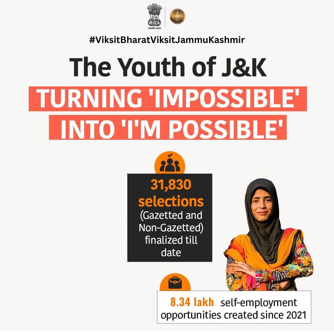 #ViksitBharatViksitJnK Job opportunities for the youth of Jammu and Kashmir, India. 31,830 successful selections made for both gazetted and non-gazetted positions, 8.34 lakh self-employment opportunities created since 2021 #PminKashmir @PMOIndia @HMOIndia @MIB_India