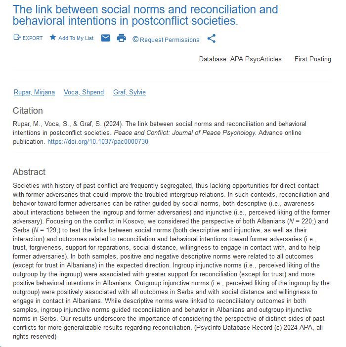 Brno Lab of Intergroup Processes (@brnolab) on Twitter photo 📢 New Publication Alert!📚 New research of <a href="/mirjanarupar87/">Mirjana Rupar</a> @Shpend and <a href="/SylvieGraf_Psy/">Sylvie Graf</a> explores the link between descriptive and injunctive social norms and reconciliation in Kosovo. Check it out psycnet.apa.org/record/2024-56… 📢 New Publication Alert!📚 New research of <a href="/mirjanarupar87/">Mirjana Rupar</a> @Shpend and <a href="/SylvieGraf_Psy/">Sylvie Graf</a> explores the link between descriptive and injunctive social norms and reconciliation in Kosovo. Check it out psycnet.apa.org/record/2024-56…