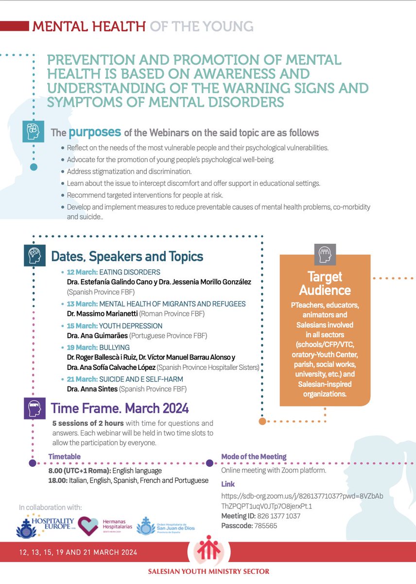 Next week the Salesian Youth Ministry Department will launch five webinars on “#mentalhealth of the youth” 📣 12 March: #EATING DISORDERS 13 March: MENTAL HEALTH OF #MIGRANTS AND #REFUGEES 15 March: #YOUTH #DEPRESSION 19 March: #BULLYING 21 March: #SUICIDE AND E SELF-HARM ⬇