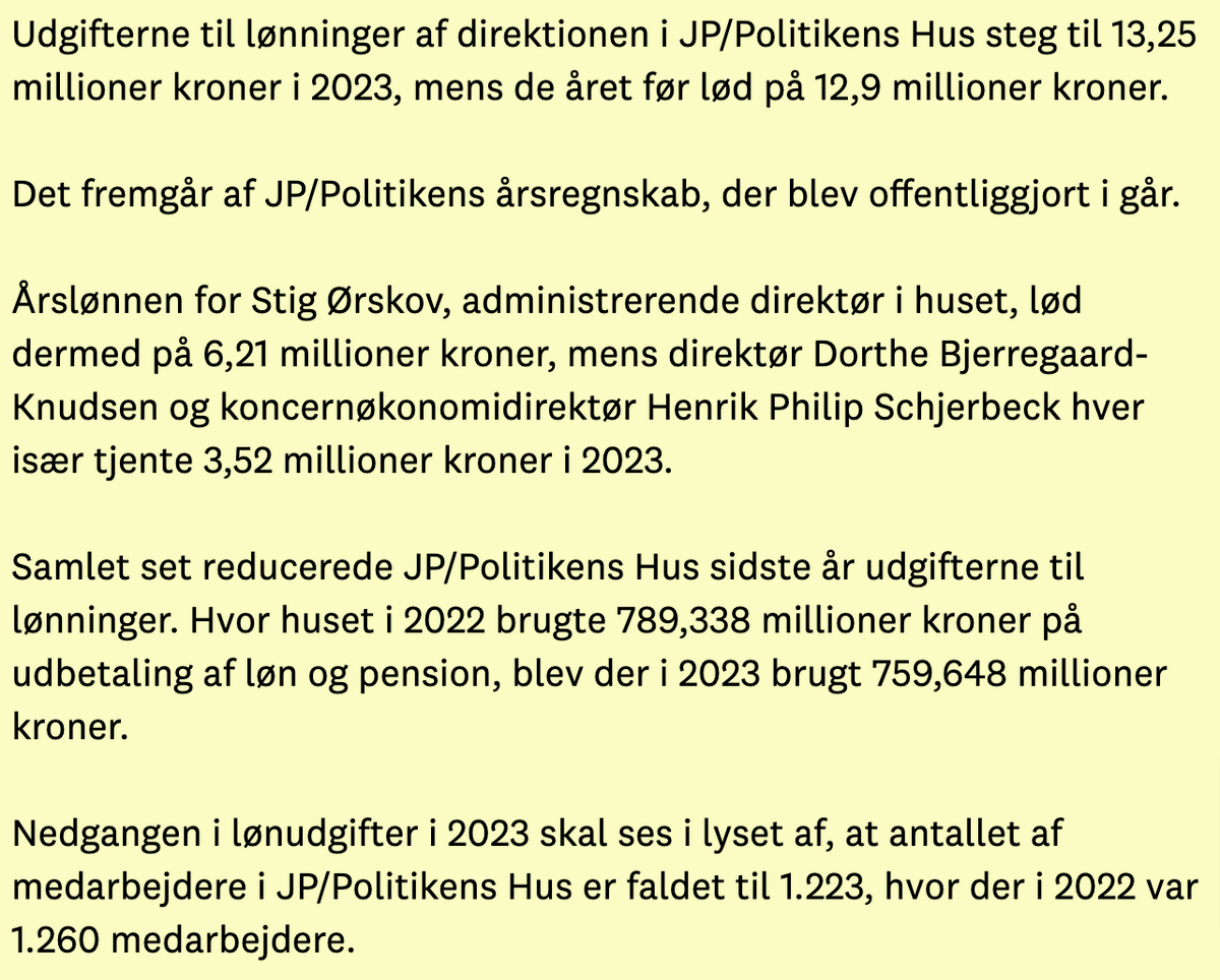 517.000 kroner om måneden.

Det er grundlæggende forrykt, at koncernchef i JP/Politiken Stig Ørskov tjener 517.000 kroner om måneden. Det er han som direktør på ingen måde værd. Tilmed en direktør som eksplicit har sagt til personalebladet, at jobbet er så fedt, at "han ville