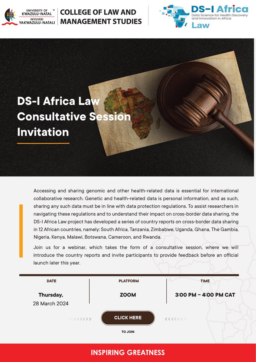 DS-I Africa Law is having a consultative session to introduce its Legal Guides for Scientists and get feedback. Date: March 28 @ 3 pm CAT Registration: ukzn.zoom.us/webinar/regist…