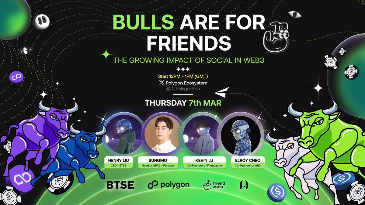 🚀 Discover the power of social connections in the bull market during our upcoming #AMA. 📈

Hosted by <a href="/0xPolygonEco/">Polygon Ecosystem</a>, we're excited to collaborate with <a href="/0xPolygon/">Polygon | POL</a>, <a href="/friendzone_pro/">Friendzone</a>, and <a href="/arcthecommunity/">ARC</a>. 🙌🏻

Set your reminder! 👇🏼
x.com/i/spaces/1RDxl…