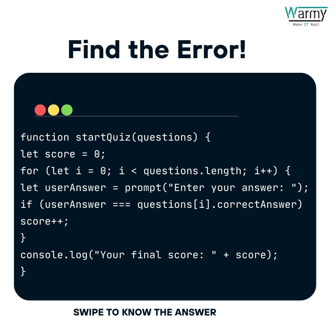 warmy_co's tweet image. Did you find the error?
Corrected version  uses prompt accordingly; otherwise, it uses readline-sync in a Node.js environment.                                                                                                                                    #code #warmysolutions