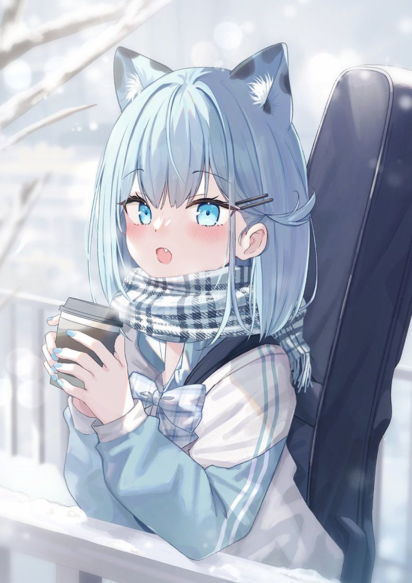 1girl solo scarf animal ears holding cup cup blue eyes  illustration images