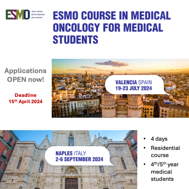 ⏰ Calling 4th/5th year medical students! The ESMO Course in Medical Oncology for Medical Students 2024 is now open for applications. We have a fantastic programme and speakers lined up especially for you: Valencia 🇪🇸 bit.ly/ESMOValencia24 Naples 🇮🇹 bit.ly/ESMONaples24