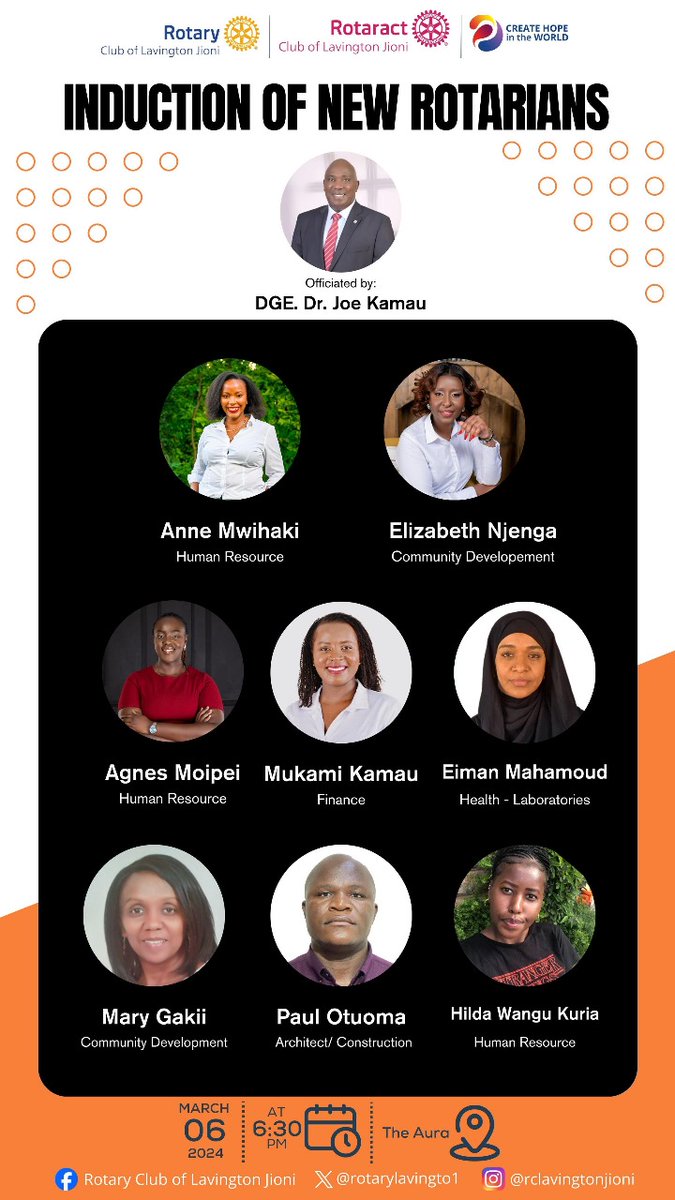 We are growing!! This week, we will be inducting 7 new Rotarians and 1 new Rotaractor into the RAC LJ. District Governor Elect, Dr. Joe Kamau, will officiate the  Wed, March 6th, at the Aura Restaurant, B-Arcade Mall, on Argwings Kodhek Road, starting at 6:30 p.m.
Karibuni!!