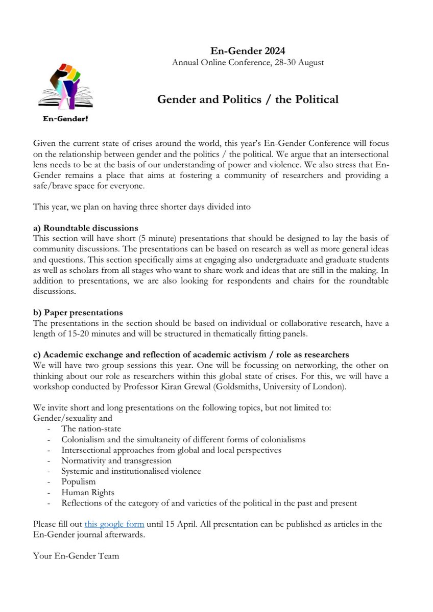 Announcement! This is our #cfp for this years conference 🌈 Topic: Gender and Politics / the Political. Here is the link to the Google form: forms.gle/cT1dxAN7te716Y… Are you excited?