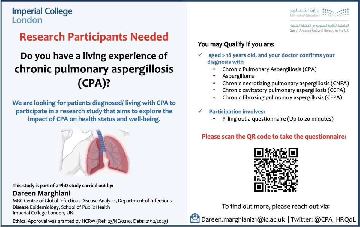 Impact of CPA on health status and well-being (@cpa_hrqol) on Twitter photo 📢Final countdown!!!
Only 30 more responses is needed to achieve 100% completion rate.
Very much appreciate help completing this anonymous survey from individuals with #chronic #aspergillosis.
🫁🔁 Survey: bit.ly/3OvrlZT
<a href="/drAnand_Shah_/">Anand Shah</a> <a href="/MFT_NAC/">National Aspergillosis Centre</a> <a href="/aspertrust/">Aspergillosis Trust</a> 📢Final countdown!!!
Only 30 more responses is needed to achieve 100% completion rate.
Very much appreciate help completing this anonymous survey from individuals with #chronic #aspergillosis.
🫁🔁 Survey: bit.ly/3OvrlZT
<a href="/drAnand_Shah_/">Anand Shah</a> <a href="/MFT_NAC/">National Aspergillosis Centre</a> <a href="/aspertrust/">Aspergillosis Trust</a>