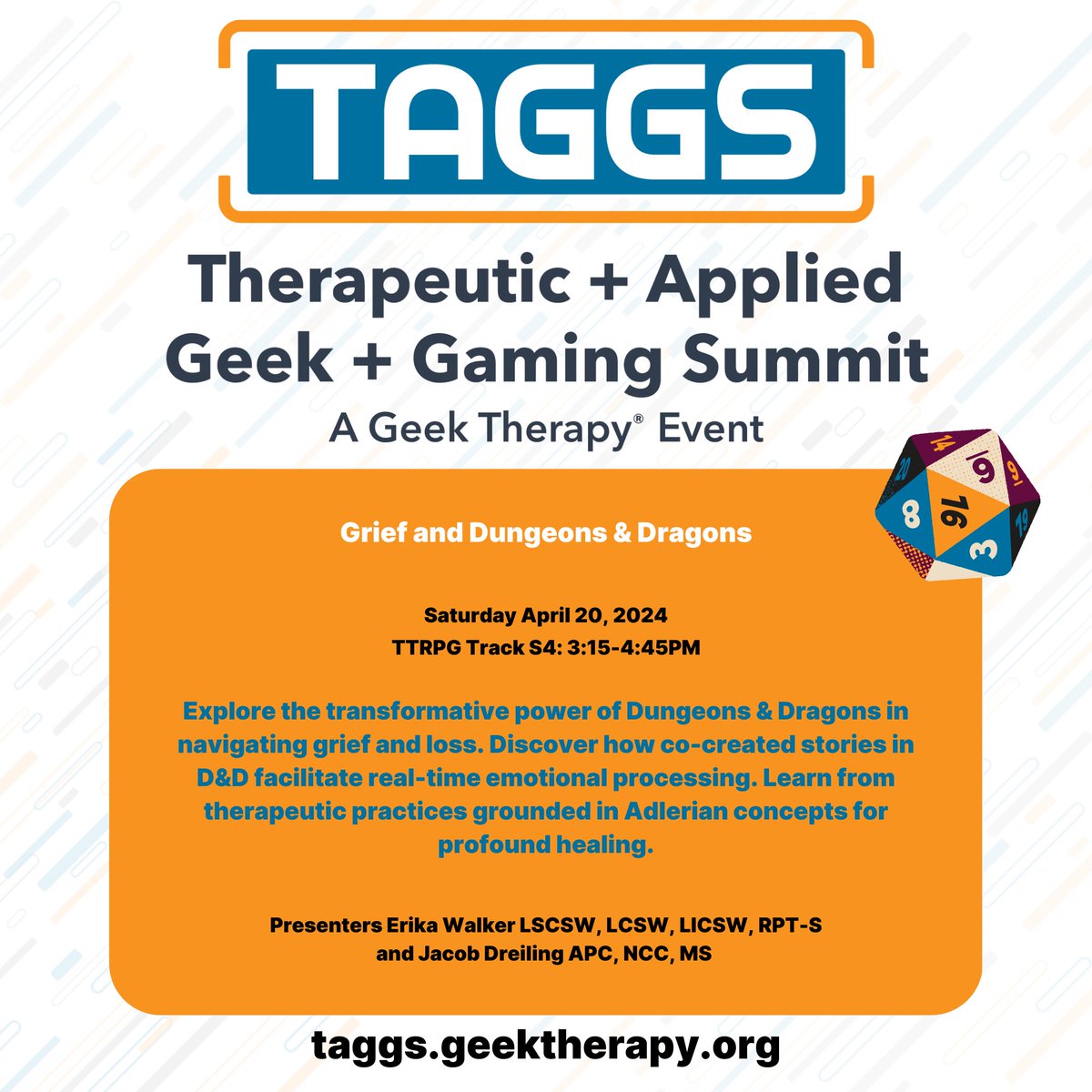 GeekTherapy's tweet photo. ๐ฒ๐ "Grief and Dungeons & Dragons" - Explore D&D's therapeutic power with Walker & Dreiling, Apr 20, 3:15 PM. Healing through storytelling.
Tickets at https://t.co/9Z5yn9ggnc
#DnDTherapy #GriefJourney #GriefCounseling #Healing #GeekTherapy #TAGGS #TTRPG https://t.co/O34HHzyWih