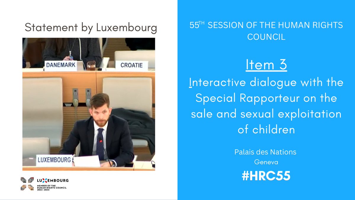 At the #HRC55 dialogue on @MamaFatimaS's report on child sexual abuse in the entertainment sector, #Luxembourg🇱🇺 stressed the need for more data to inform targeted measures in a sector plagued by abusive power structures. New 🇱🇺 legislation helps fight impunity for child abuse.