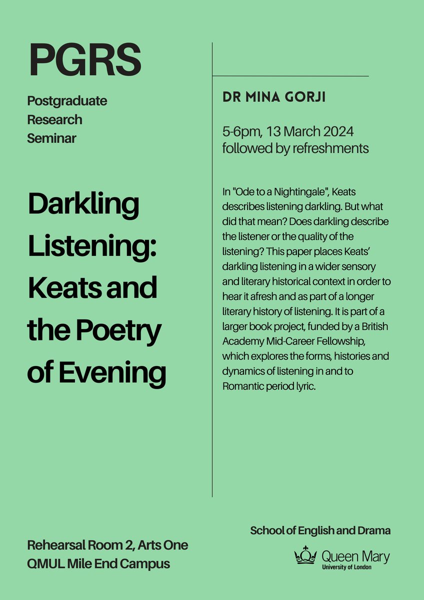 Booking is now open for our next PGRS, on Wednesday 13 March! Join us to hear from Dr Mina Gorji on 'Darkling Listening: Keats and the Poetry of Evening'.

Find the full details here 👇eventbrite.com/e/postgraduate…