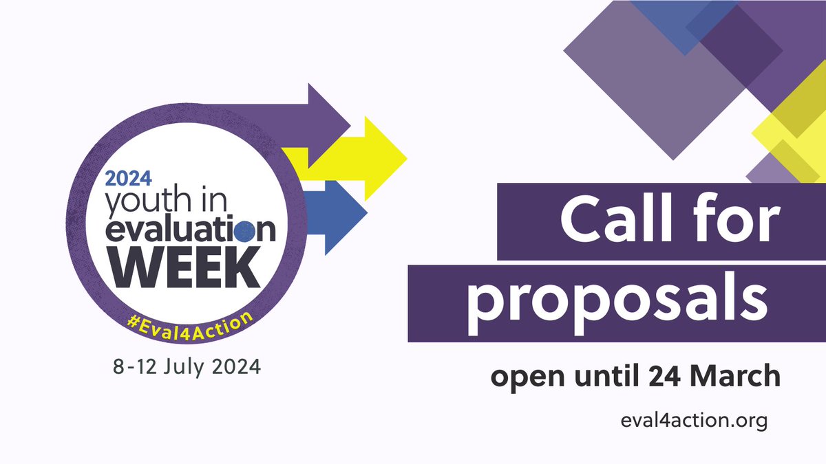 Call for proposals open for Youth in Evaluation week 2024!

2024 theme: Upholding Youth in Evaluation standards

Submit by 24 March

➡️eval4action.org/youthinevalwee…

#Eval4Action