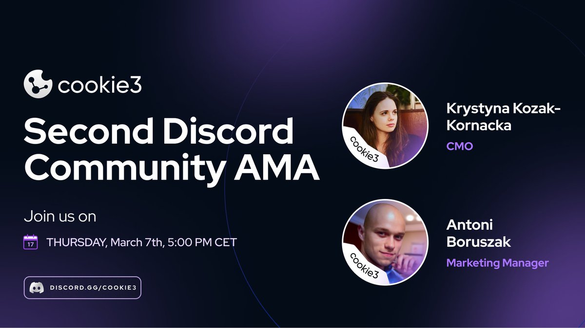 You ask, we deliver 🍪

Our next AMA will be on Thursday at 5 pm CET in the Cookie3 Discord.

So, if you missed the last one, this is your chance to catch <a href="/KrysiaKozak/">Krystyna 🍪 (cookie)</a> and <a href="/a_boruszak/">泰州-舞蹈生小琳</a> again!

Show of hands - who’s coming? 🙌🏽